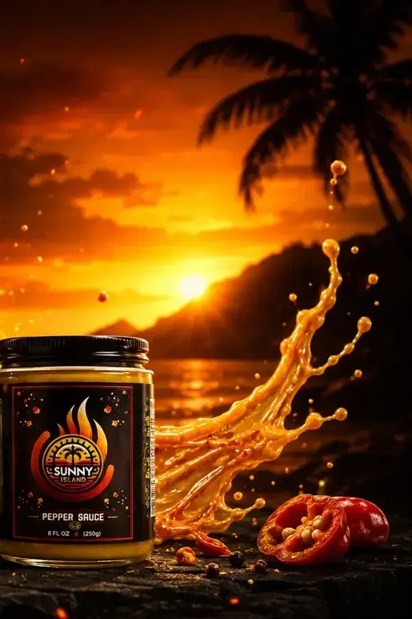 A jar of Sunny Island Pepper Sauce at sunset, with a splash of sauce and a halved pepper.